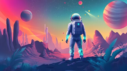 Astronaut in space and atmosphere in a fantasy world landscape illustration 