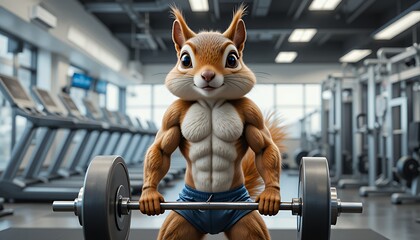 Muscular Squirrel Gym Workout: A 3D Render of a Buff Chipmunk Lifting Weights in a Modern Fitness Center