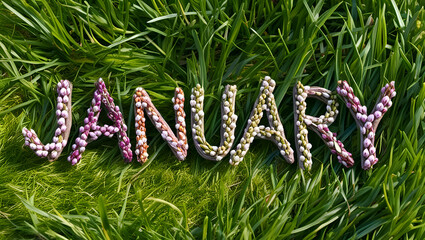 The word January made from tree branches with buds is placed on the grass, Month Name, Generative Ai