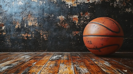 Rustic Wooden Floor with a Basketball in the Foreground Against a Textured Dark Wall and a Warm Atmosphere for Sports and Fitness Themes