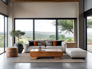 Fototapeta premium Modern living room design scenic view interior decor contemporary home natural light tranquil atmosphere for relaxation