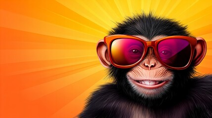 A smiling chimpanzee wearing trendy sunglasses against a vibrant orange background.