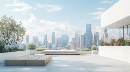 A minimalist rooftop setting overlooking a bustling skyline of skyscrapers, with abundant space for text or branding.