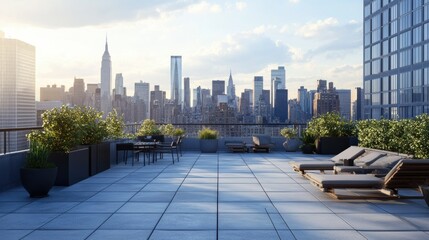 A minimalist rooftop setting overlooking a bustling skyline of skyscrapers, with abundant space for text or branding.