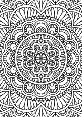 Black Outline Intricate Mandala Pattern. Yoga, meditation poster. Coloring book page.