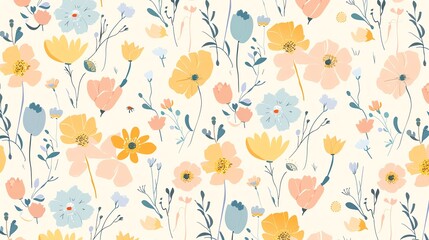 A floral pattern with pink, yellow, and blue flowers and leaves on a white background.