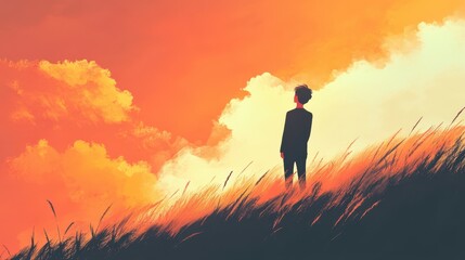 Solitary Figure Gazing at a Sunset Sky Above Tall Grass