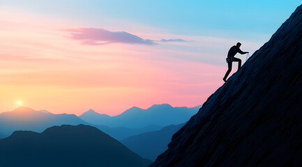 A climber ascends a steep rock face against a vibrant sunset, showcasing determination and the spirit of adventure in nature.