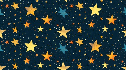 A cheerful and colorful pattern featuring stars in different sizes and colors on a blue background.