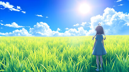 Fototapeta premium alone anime girl on grass. Generative AI