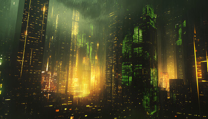 Fototapeta premium Futuristic Cityscape Illuminated at Night with Green and Gold Hues