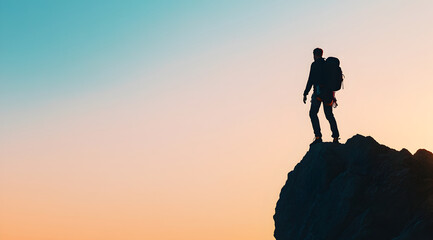 A silhouetted hiker stands atop a rocky peak against a vibrant sunset sky, embodying adventure and exploration.