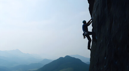 A climber ascends a rocky cliff against a backdrop of mountains, showcasing the thrill and challenge of outdoor rock climbing.