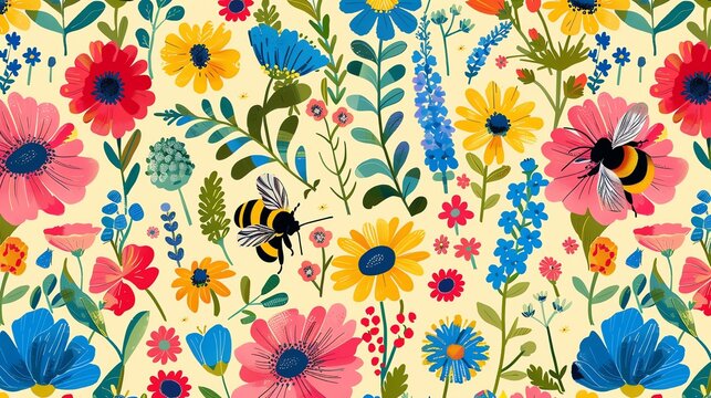 A vibrant floral pattern with bees, featuring a cheerful mix of colors and styles.