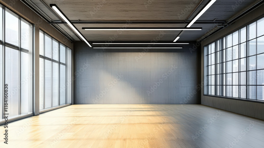 Poster modern empty concrete interior mock-up space with large windows and natural light for design and arc