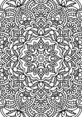 Black Outline Intricate Mandala Pattern. Yoga, meditation poster. Coloring book page.