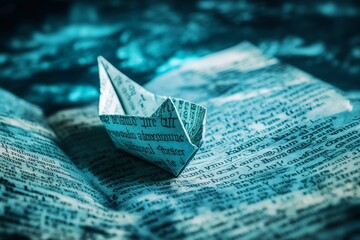 A paper boat floating on an ocean of written words symbolizing navigating knowledge or storytelling.
