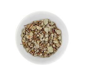 Origanum dictamnus, Dittany of Crete tea in a bowl on a white background. Cretan dittany or hop marjoram is a medicinal tea growing wild only in Crete. It is a healing, therapeutic and aromatic plant