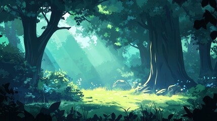 Obraz premium Sunlit Forest Clearing Peaceful Green Landscape