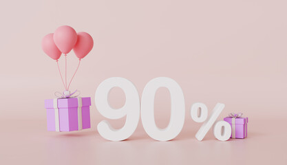 Gift box and balloons with ninety percent sign, Festive gift surprise, Holiday decoration