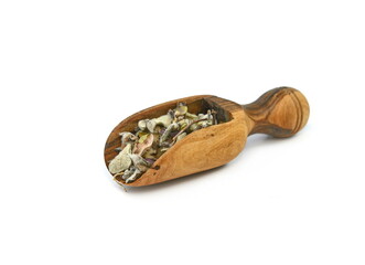 Origanum dictamnus, Dittany of Crete tea in a ccoop on a white background. Cretan dittany or hop marjoram is a medicinal tea growing wild only in Crete. It is a healing, therapeutic and aromatic plant