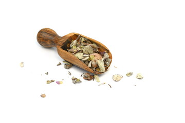 Origanum dictamnus, Dittany of Crete tea in a ccoop on a white background. Cretan dittany or hop marjoram is a medicinal tea growing wild only in Crete. It is a healing, therapeutic and aromatic plant
