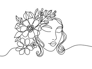 Continuous fashion line drawing hair face style concept. Beautiful minimalist woman, vector illustration.