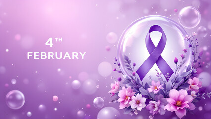 Striking purple-themed design for World Cancer Day, featuring a prominent ribbon within a bubble and delicate floral elements. Ideal for raising awareness and supporting cancer prevention efforts.