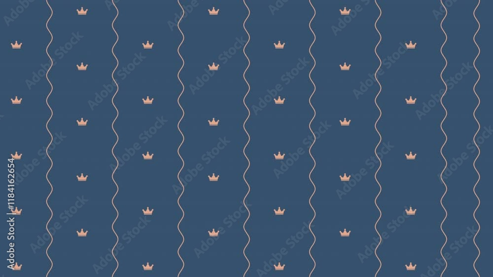 Poster seamless pattern of crowns and wavy lines on blue background