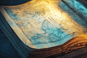 Fototapeta premium Antique treasure map glowing with magical light, adventure awaits. Discover lost lands and hidden secrets.