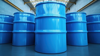 Rows of Blue Industrial Drums in a Warehouse