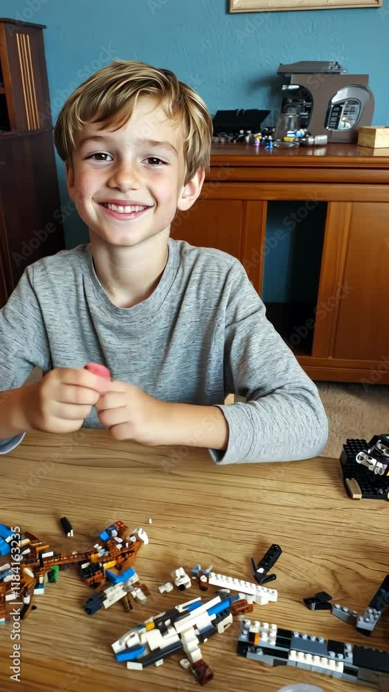 Aufkleber a cheerful child is engaged in a fun building activity on a wooden table filled with colorful blocks