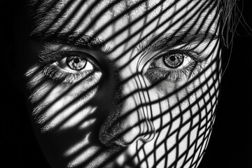 Obraz premium Black and White Close-Up Portrait of a Woman’s Face with Expressive Eyes, Zigzag Eyelashes, and Blurred Background – A Dramatic and Captivating Visual Focus