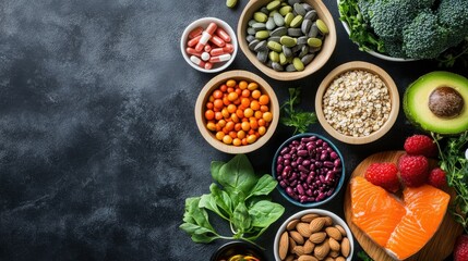 A visually appealing layout of daily vitamins and minerals for seniors in small portions, leaving ample copy space.