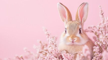 Obraz premium valentines day bunny peeking out from heart shape bush on pale pink background, banner design concept with copy space for text