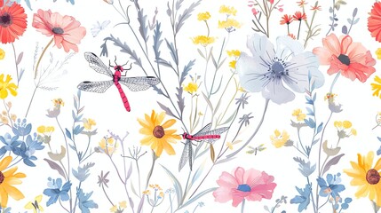 A cheerful and colorful pattern featuring butterflies and flowers on a light cream background. The design has a delicate and whimsical feel.