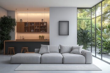 Modern Minimalist Living Room Interior with Stylish Sofa and Open Kitchen Featuring Natural Light and Indoor Plants