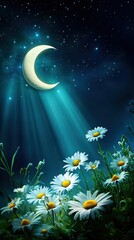 Fototapeta premium Daisies under a moonlit sky at night.