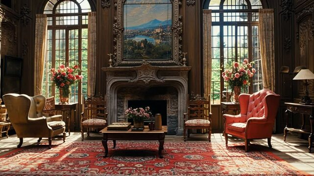 Victorian style living room shown in smooth pan