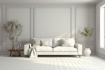Elegant White Sofa in Minimalist Interior Design with Soft Lighting and Decorative Elements to Enhance Comfort and Aesthetic Appeal