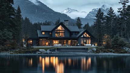 Fototapeta premium Luxury Lakeside Mountain Home: A Serene Escape in the Canadian Rockies