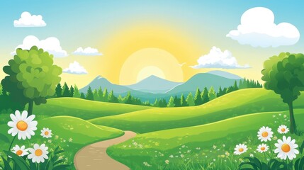 Obraz premium Serene Sunrise Over Rolling Green Hills and Daisies