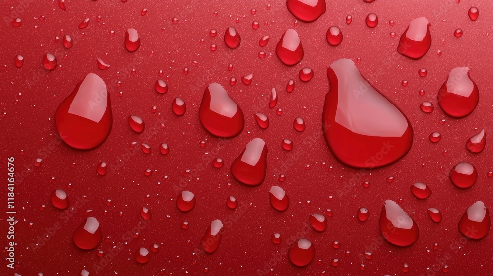 Poster red water droplets on a smooth surface - abstract background texture