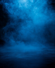 A dark background sets the stage for an atmospheric stock photo, featuring an empty floor immersed in smoky indigo and cobalt blue fog, evoking a sense of depth and mystery.