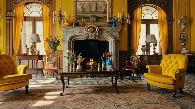 Classic victorian interior with detailed wooden decor and yellow paint