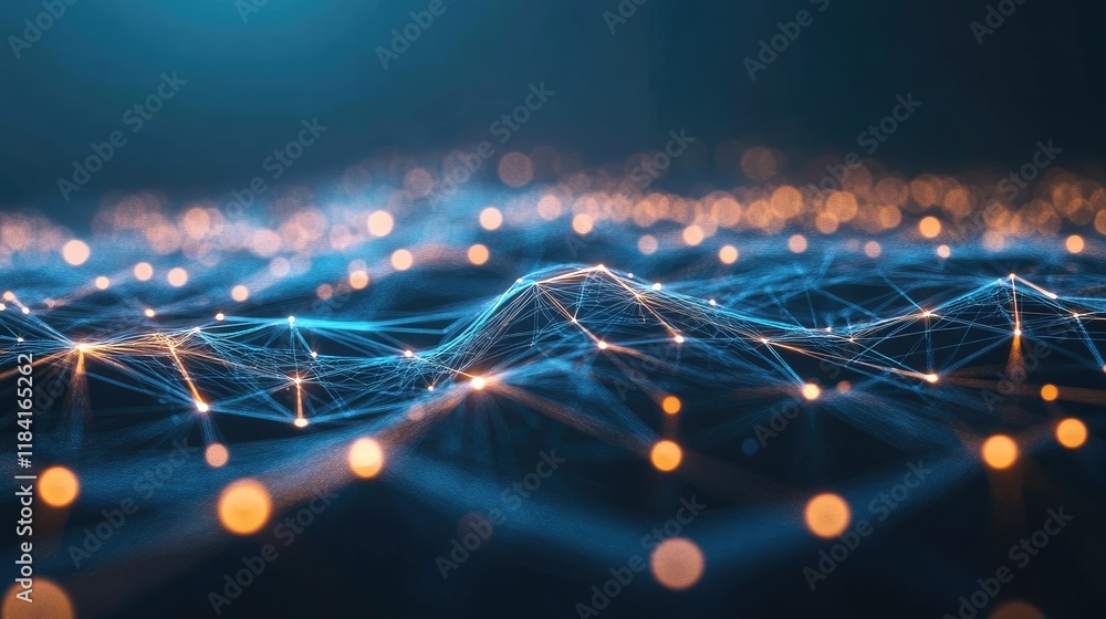 Poster dynamic glowing lines intersecting on a dark futuristic background, creating a tech-inspired design.