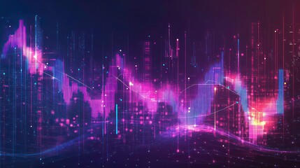 Abstract cityscape with vibrant neon lights and dynamic graph overlay, symbolizing economic growth or decline.