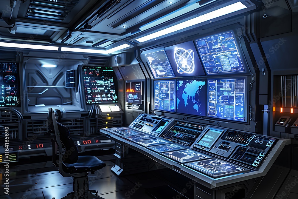 Fototapete a futuristic control room with multiple screens displaying data and maps. a large console dominates 