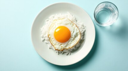 Fried egg and rice served with a glass of water on a bright, clean dining table, seen from above.