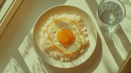 Fried egg and rice served with a glass of water on a bright, clean dining table, seen from above.